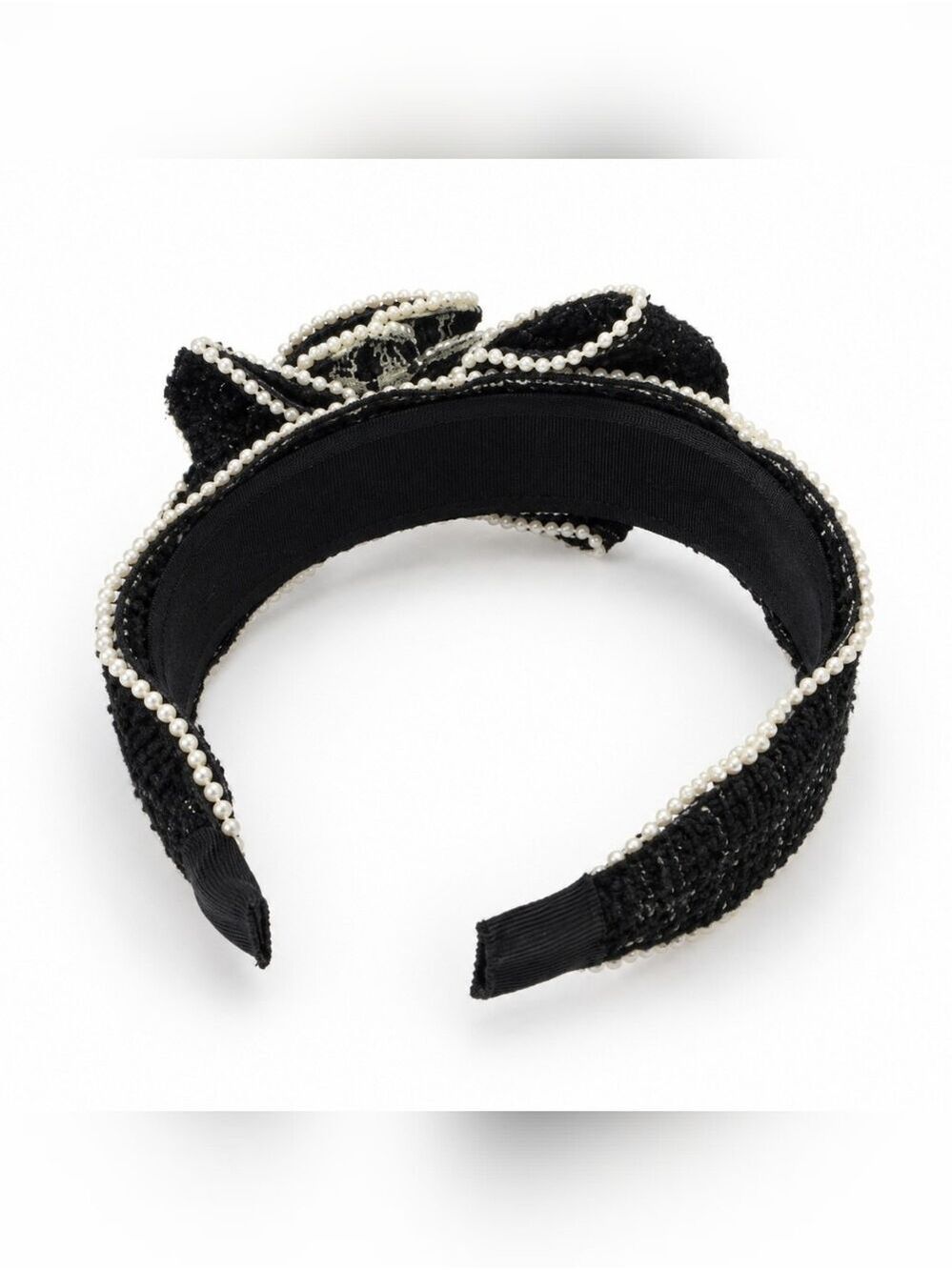 Black Tweed Pearl Flower Statement Headband - Picture 3 of 3